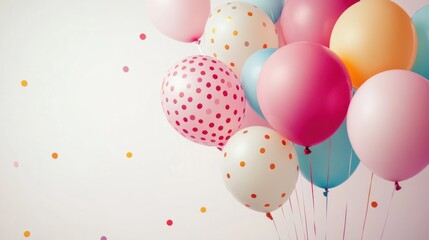 Colorful pastel balloons and confetti on white background.
