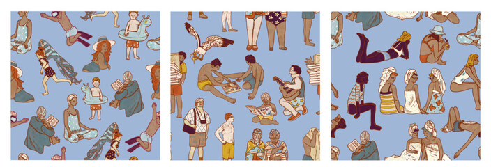 Set of three seamless blue summer patterns. Beach holiday on the seashore. People on vacation illustration