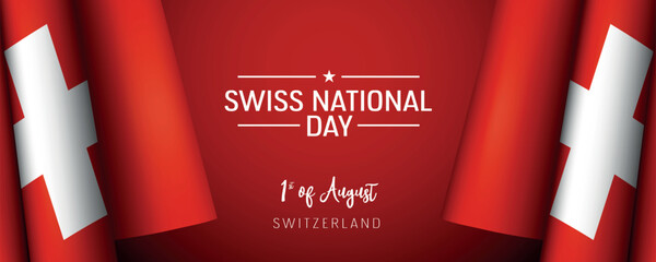 Switzerland national day vector banner, greeting card. Swiss wavy flag in 1st of August national patriotic holiday horizontal design