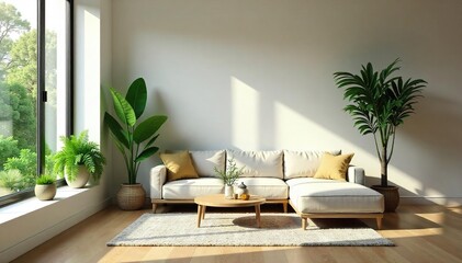 Serene Minimalist Living Room with Lush Greenery, Promoting Relaxation and Wellbeing