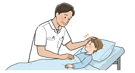 A caring doctor comforting a child patient lying in bed at the hospital ward