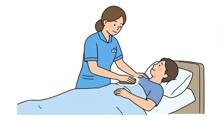 A caring nurse attending to a male patient in a hospital bed, providing comfort.
