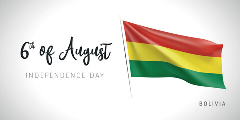 Bolivia independence day vector banner, greeting card. Bolivian wavy flag in 6th of August patriotic holiday horizontal design with realistic flag