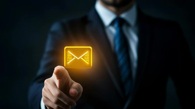 A man in a suit holding a yellow envelope with a blue border. The envelope is glowing and the man is pointing at it