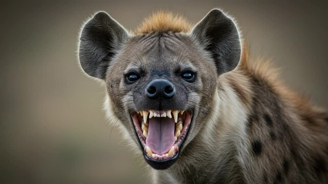 Intense Hyena Displaying Aggression with Open Mouth and Sharp Teeth in the Wilderness Close-up