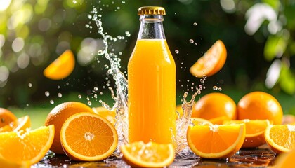 Botella de zumo de naranja refrescante con salpicaduras de agua y rodajas de naranja