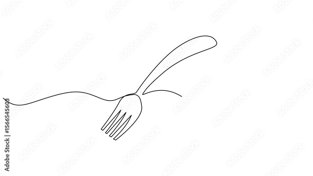 Poster self drawing animation of one continuous line plate, knife and fork. 4k video animation, one line dr