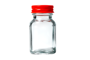 Small square glass jar with a red metal screw cap.  Perfect for spices, crafts, or samples.