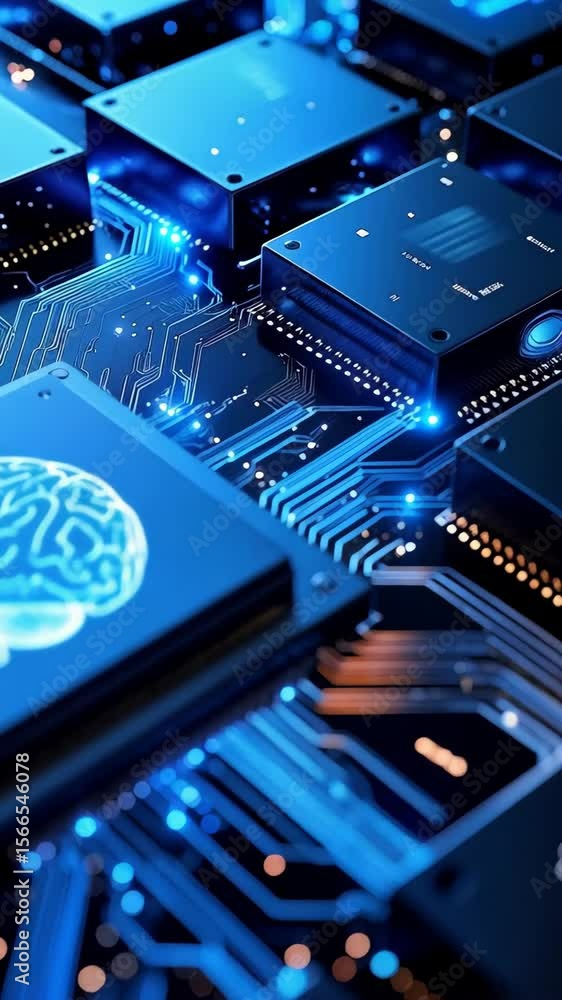 Aufkleber artificial intelligence brain outline on processor chip close up with electronic circuit and blue gl