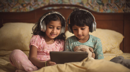 two kids using headphone and looking tablet
