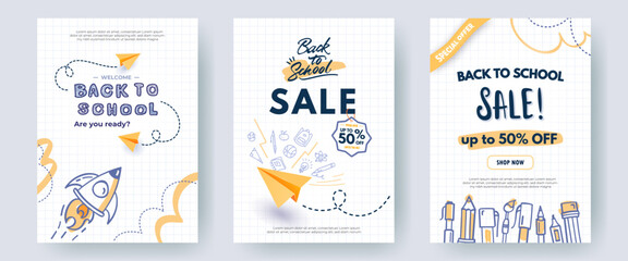 Set of Back to School sale banners, backgrounds. Creative posters with hand drawn illustrations, paper planes, doodle drawings on white checkered notebook paper. Web ad templates, educational concept.