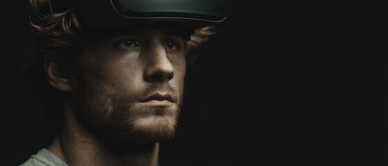 Obraz premium Man Wearing VR Headset Immersed in Digital World