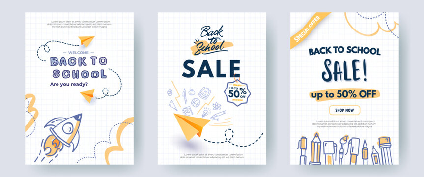 Set of Back to School sale banners, backgrounds. Creative posters with hand drawn illustrations, paper planes, doodle drawings on white checkered notebook paper. Web ad templates, educational concept.