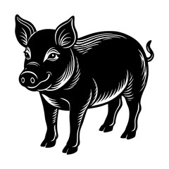 Stylized black silhouette of a happy pig standing on a white background with detailed linework creating texture and form