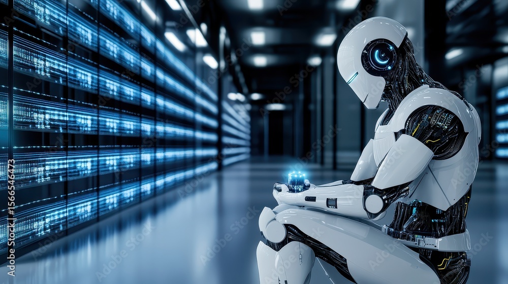 Poster futuristic robot analyzing data in a high-tech server room setting