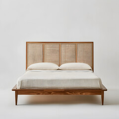 Stylish bed with elegant woodwork and cane detailing, blending rustic charm with modern simplicity.
