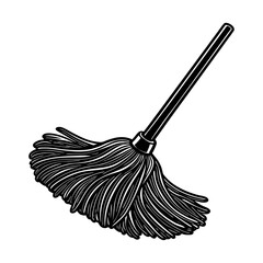 Black and white illustration of a traditional string mop with a long handle on a white background