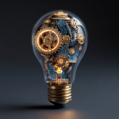 Glowing Classic Glass Lightbulb Filled With Intricate Gears And Circuitry Against Dark Background
