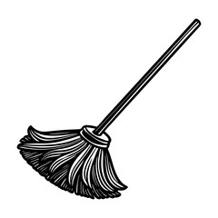 A classic black and white illustration of a mop with a long handle and fluffy bristles isolated on a white background
