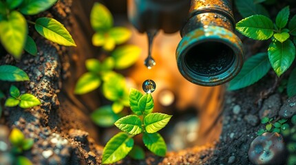 Rusty Pipe Dripping Water on Young Green Plant in Soil