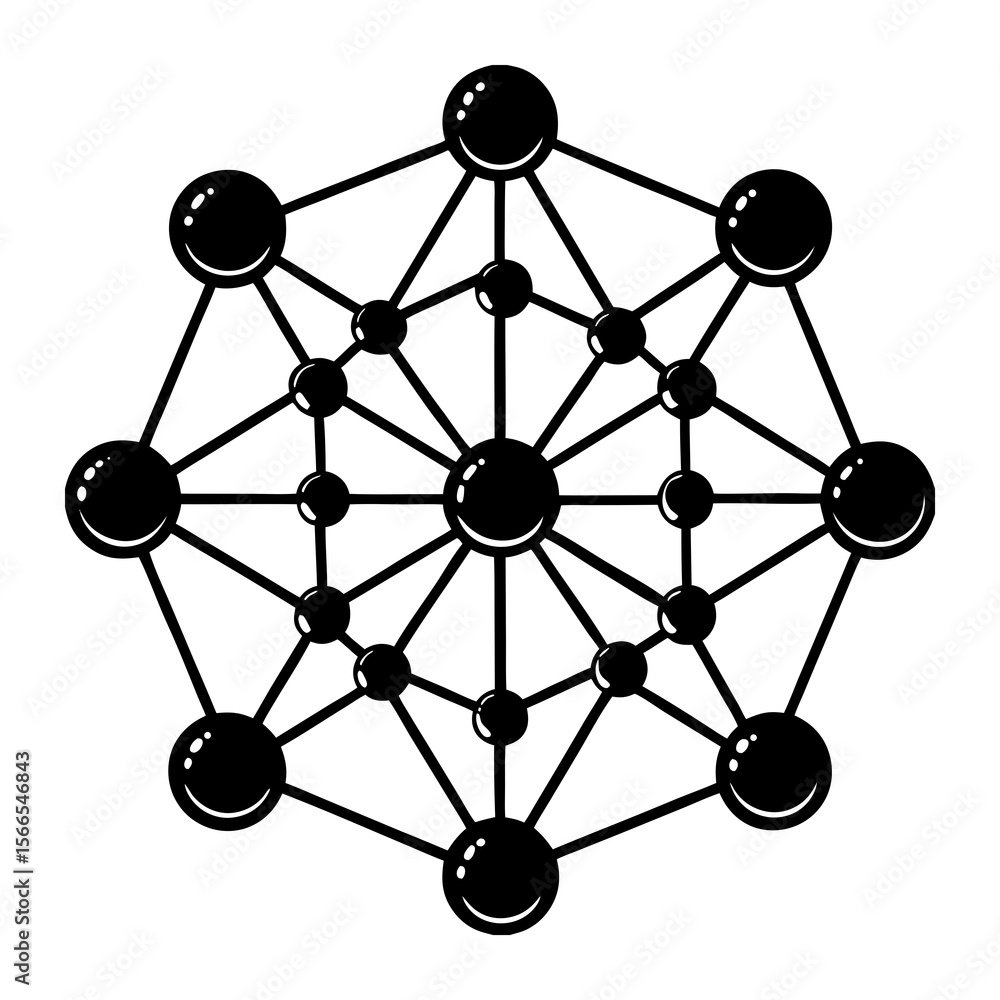 Aufkleber abstract geometric network of interconnected black spheres and lines forming a symmetrical radial pa