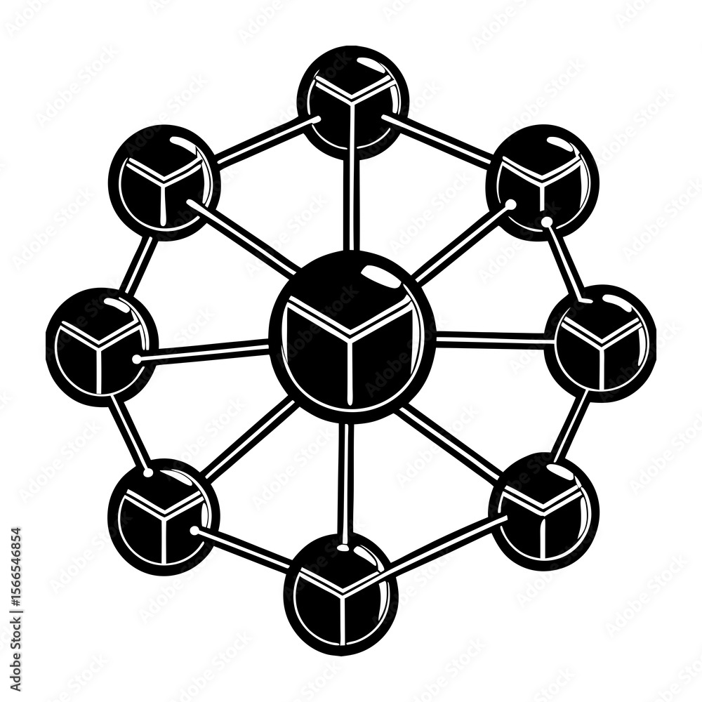 Poster abstract geometric molecular structure with interconnected spheres containing cube elements in a bla