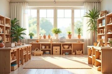 Bright Montessori classroom with wooden shelves, natural materials, and potted plants. Minimalist learning space.