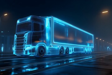 Futuristic truck with trailer in wireframe scene at intersection in blue digital 3D illustration
