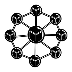 Abstract geometric molecular structure with interconnected spheres containing cube elements in a black and white graphic design