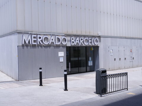 The entrance of Mercado Barcelo, a well-known market in a modern building. Madrid, Spain - May 19, 2025.