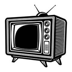 Vintage black and white illustration of a retro television set with an antenna and dial controls on a white background