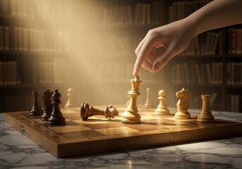 Golden Chess Piece Movement In A Library