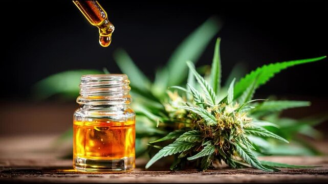 Medicinal CBD hemp oil in a dropper drips into a bottle scientist with checking and analyzes of biological and ecological hemp plant used for herbal pharmaceutical in a laboratory horizontally