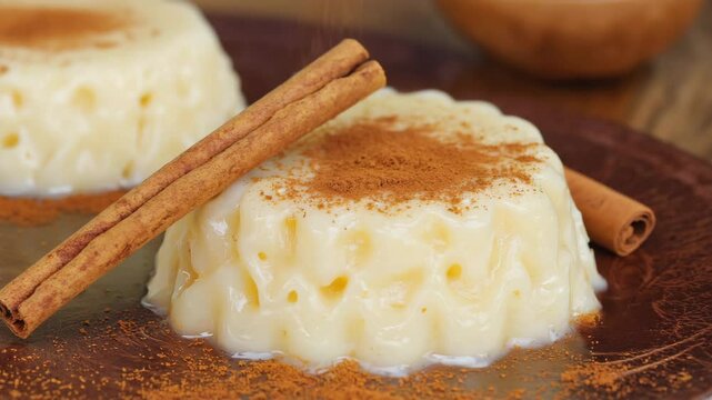 Arroz doce, Sweet rice dessert, Close-up of arroz doce with a sprinkle of cinnamon, Warm golden tones, Soft lighting, Cozy and sweet
