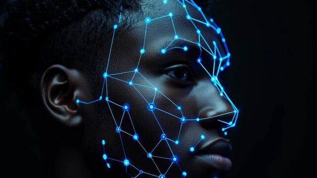 A man's face is shown in a blue light with a lot of lines. The face is surrounded by a blue mesh. The face is not a real person, but rather a computer-generated image. The image has a futuristic