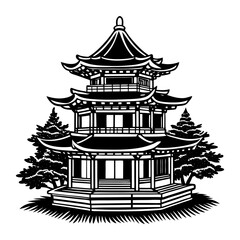 Traditional multi story pagoda building with layered roofs surrounded by evergreen trees in a stylized black and white illustration