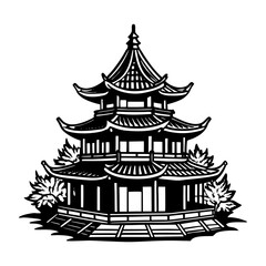 Traditional multi tiered pagoda with ornate rooflines and decorative foliage in a striking black and white silhouette