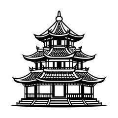 Traditional multi tiered pagoda architectural silhouette with intricate details and ascending steps against a white background