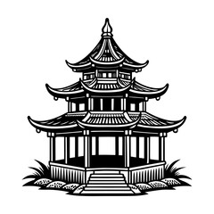 Traditional multi tiered pagoda structure with curved roofs and intricate details set against a white background