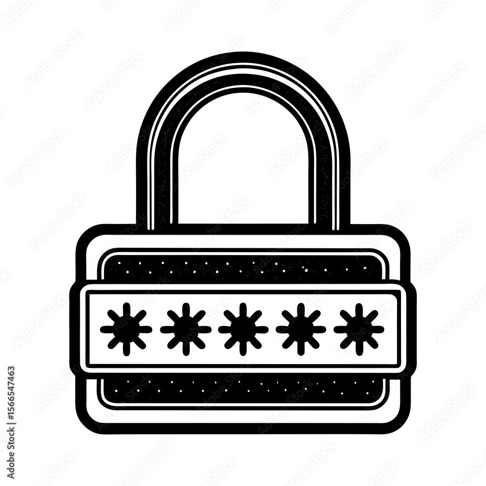 Poster stylized black and white padlock icon with asterisks representing a password entry for digital secur