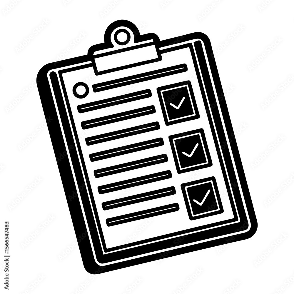 Poster black and white graphic illustration of a clipboard with a checklist and completed tasks marked with