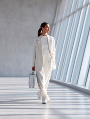 Stylish professional woman confidently walking in a bright, modern space with a briefcase. Ideal for business, career, or aspirational lifestyle themes.