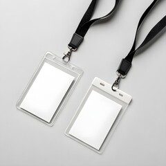 Blank White ID Badges with Lanyards, Customizable Security Access Mockup