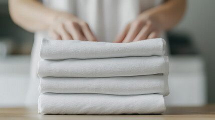 An American woman efficiently folds freshly laundered clothes in a cozy kitchen, showcasing an organized approach to household tasks