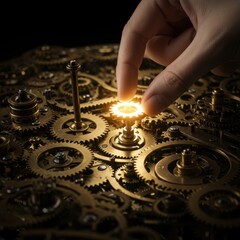 Hand Adjusting Golden Gear Among Intricate Clockwork Mechanism With Warm Lighting