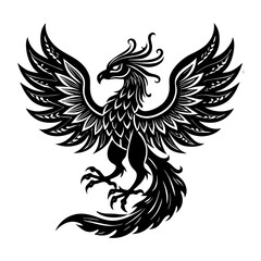 Fototapeta premium Majestic black phoenix with outstretched wings and ornate feather details in a stylized silhouette against a white background