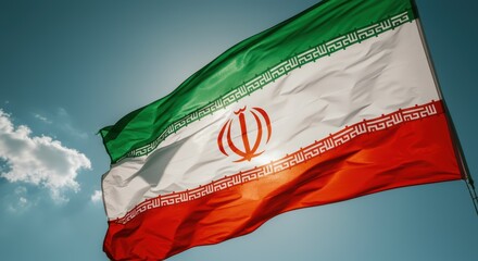 The National Flag of Iran Waves Majestically Against a Brilliant Blue Sky Filled with Wispy White Clouds
