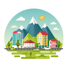 Vibrant Cityscape with Mountains, Buildings, and Cars on a Sunny Day