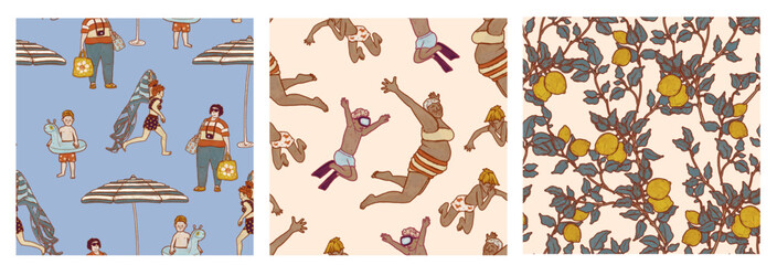 City weekend life, silhouettes of many people in the pool. Summer set of three patterns with men, children and women of different ages. Family vacation resort in the water under the sun illustration
