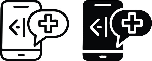 Mobile Health App Icon with Medical Chat Symbol in Black and White Vector
